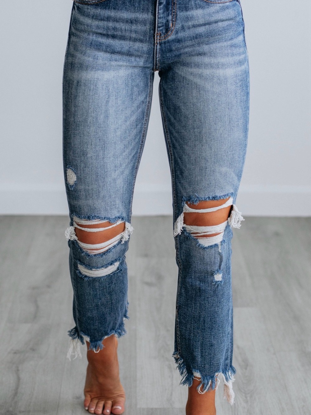 Archie High-Rise Distressed Ankle Jeans in Light Blue